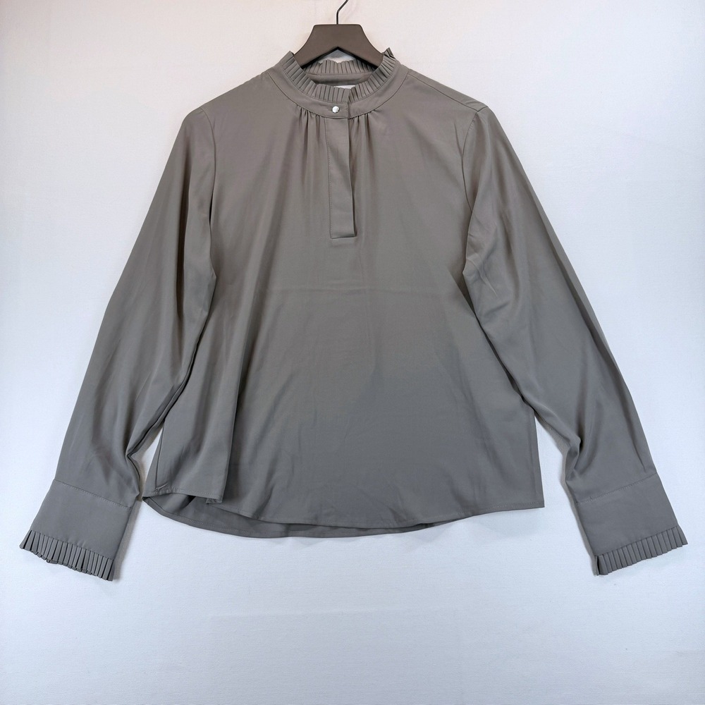 Calvin Klein Gray Taupe Pleated Ruffle Mock Neck Blouse NWOT M
